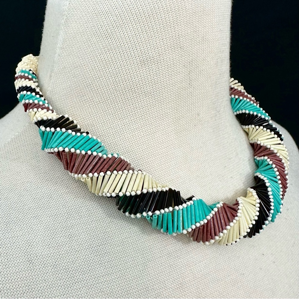 Spiral Twist Aqua Blue Brown Black Cream Beaded Necklace Earrings Set - Picture 2 of 3
